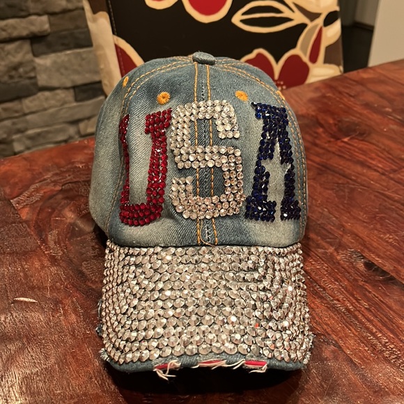 unbranded Accessories - USA Ball Cap Hat stone flash bling Denim sequence Adult one size strap back vntg